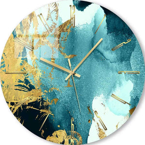 Custom Wall Clock | Fluid Art with turquoise and gold 