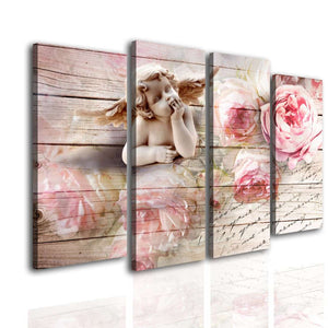 Canvas Multi Panel Wall Art  -  Angel and pink peonies