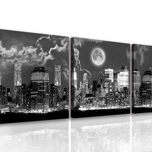 Canvas Multi Panel Wall Art  -  Black and white city under the moon