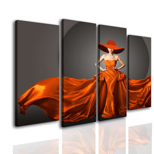 Split Canvas Wall Art  -  Lady in a silk red dress and hat