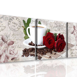 Multi Picture Canvas  -  Red roses with a white cup of coffee