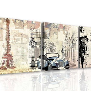 Multi Canvas Artwork  -  Drawing with a car in Paris and a girl in a black dress