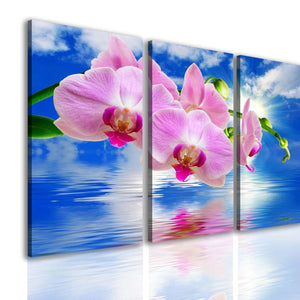 Multi Panel Wall Art  -  Pink orchids on a blue background