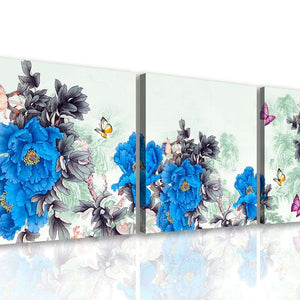 Split Canvas Art  -  Blue flowers on an abstract gray background