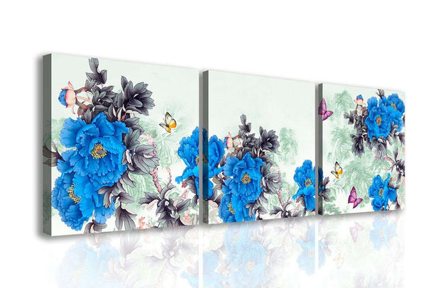 Split Canvas Art  -  Blue flowers on an abstract gray background
