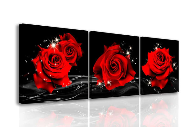 Multi Canvas Art  -  Three red roses on a black background