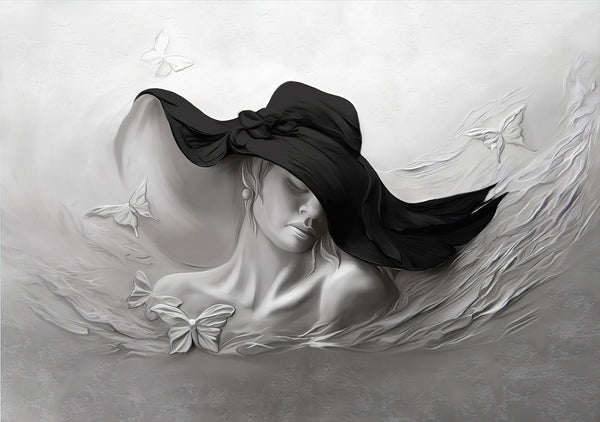 3D Wallpaper Mural, Non Woven, Grey Women Relief Wallpaper, 3D Woman in Black Hat Wall Mural