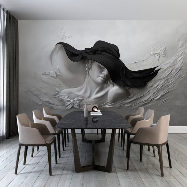 3D Wallpaper Mural, Non Woven, Grey Women Relief Wallpaper, 3D Woman in Black Hat Wall Mural