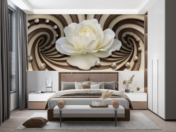 3D Wallpaper Mural, Non Woven, Beige Lotus Flower Wallpaper, Brown Abstract Wall Mural