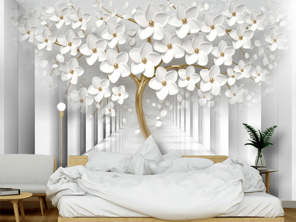 3D Wallpaper Mural, Non Woven, White Tree Flowers Wallpaper, Golden Elements Wall Mural