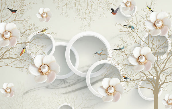 3D Wallpaper Mural, Non Woven, Large Beige Brooch Flowers Wallpaper, Birds and 3D Circles Wall Mural