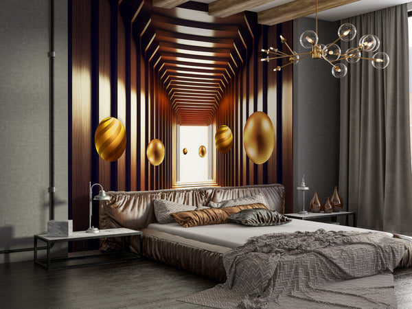 3D Wallpaper Mural, Non Woven, Gold Sphere Modern Abstract Stereoscopic Balls Wallpaper, Space Wall Mural