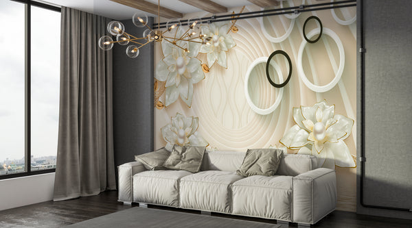 3D Wallpaper Mural, Non Woven, Beige Broosh Flowers Wallpaper, Abstract Background Wall Mural, 3D Circles Mural