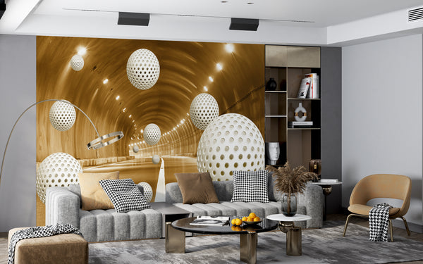 3D Wallpaper Mural, Non Woven, Stereoscopic Balls Wallpaper, Beige Tunnel Wall Mural