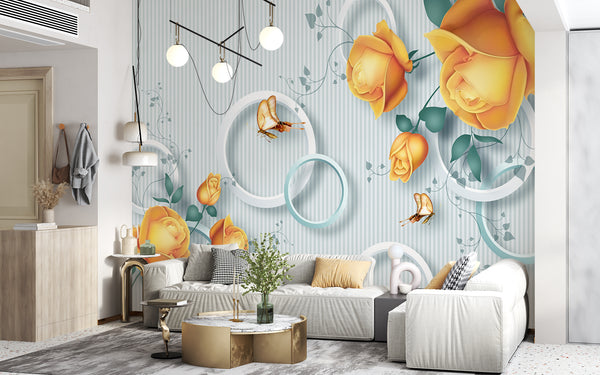 3D Wallpaper Mural, Non Woven, Large Yellow Rose Flowers Wallpaper, Geometric Circles Mural, Colorful Butterflies Wall Mural