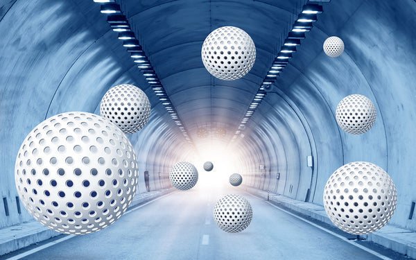 3D Wallpaper Mural, Non Woven, White Stereoscopic Balls Wallpaper, Blue Tunnel Wall Mural