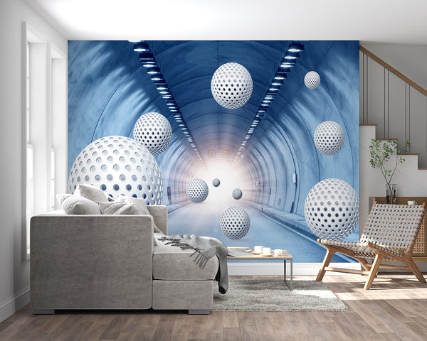 3D Wallpaper Mural, Non Woven, White Stereoscopic Balls Wallpaper, Blue Tunnel Wall Mural