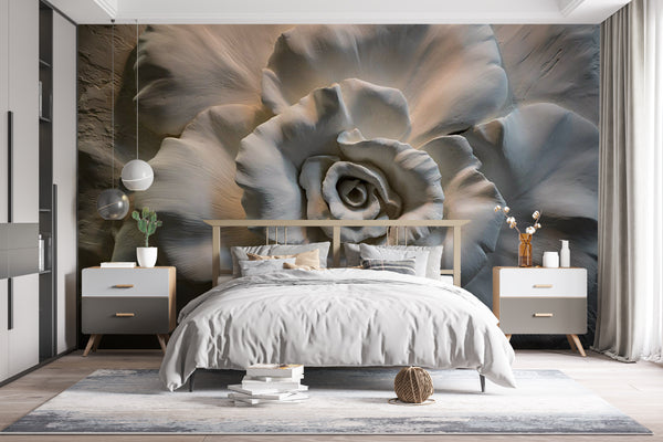 3D Wallpaper Mural, Non Woven, Grey Flower Relief Wallpaper, Large Floral Wall Mural