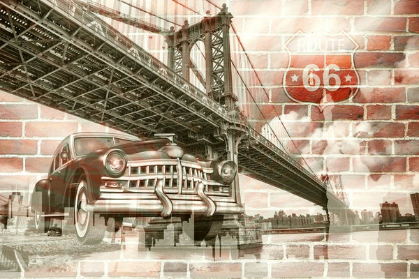 Wall Mural Retro Car Under a Bridge on a Red Brick Background , Non Woven, Retro Car & Brooklyn Bridge Wallpaper, Red Bricks Wall Mural