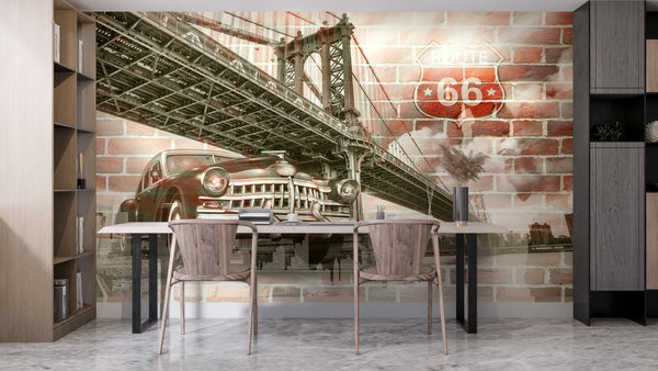 Wall Mural Retro Car Under a Bridge on a Red Brick Background , Non Woven, Retro Car & Brooklyn Bridge Wallpaper, Red Bricks Wall Mural