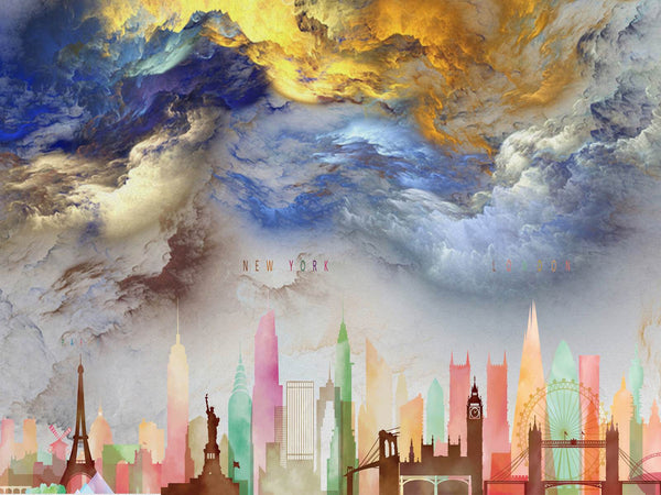 Countries Wallpaper, City Wallpaper, Non Woven, Abstract Skyline Builldings Wallpaper, Colorful Builldings Wall Mural