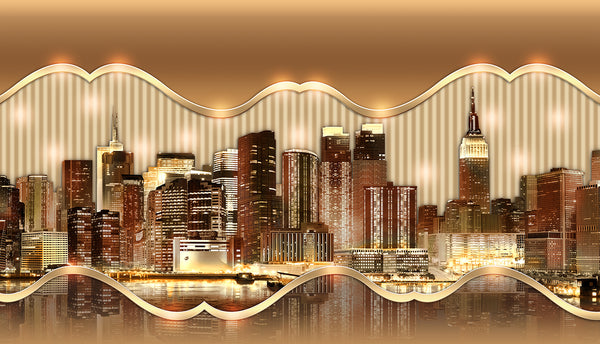 City Murals for Walls, City Wallpaper, Non Woven, Night City Builldings Wallpaper, Gold Skyscrapers Wall Mural