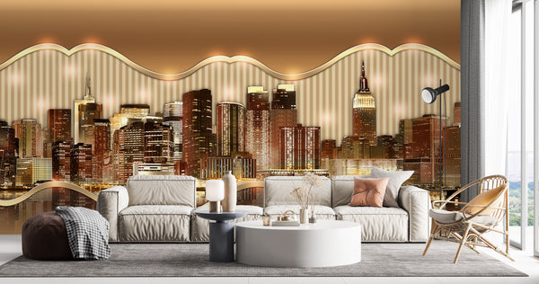 City Murals for Walls, City Wallpaper, Non Woven, Night City Builldings Wallpaper, Gold Skyscrapers Wall Mural