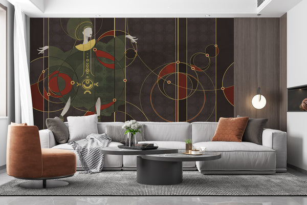 Abstract Wallpaper Mural, Non Woven, Red & Gold Abstract Geometry Wallpaper, Fashionable Wall Mural