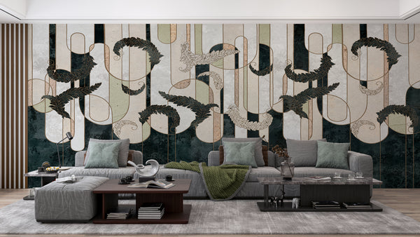 Abstract Wallpaper Mural | Beige & Green Wallpaper