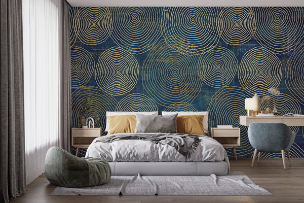 Abstract Wallpaper Mural, Non Woven, Gold Abstract Circles Wallpaper, Blue Background Wall Mural