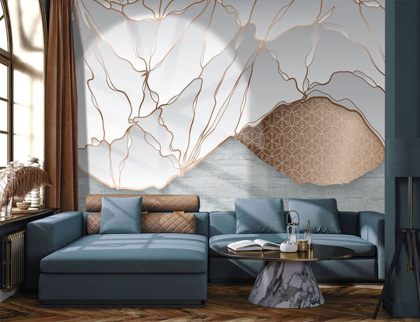 Abstract Wallpaper Mural, Non Woven, Gold Abstract Lines Wallpaper, Shades of Grey Wall Mural