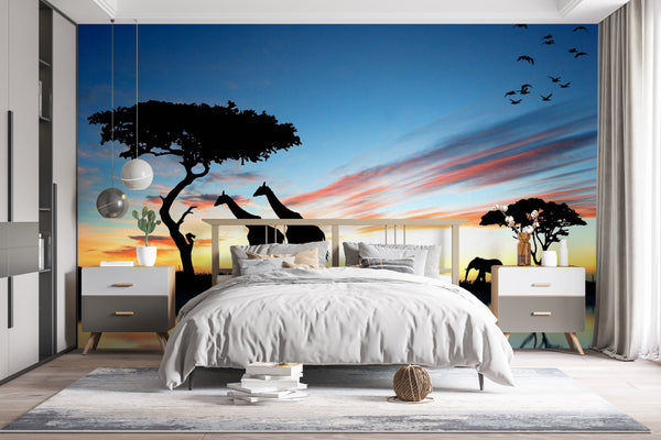 Wallpaper Mural, African Sunset Wallpaper, Wildlife Silhouette Wall Mural