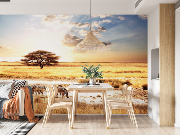 Wallpaper Mural, African Savana Wallpaper, Wildlife Zebra Animals Wall Mural