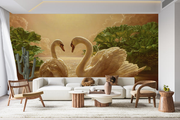 Wallpaper Mural, White Swan Birds Wallpaper Mural