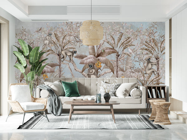 Wallpaper Mural, Monkeys in Palms Wallpaper, Jungle Forest Wall Mural