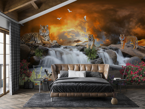 Wallpaper Mural, Tigers and Waterfalls Wallpaper, Wild Animals Wall Mural