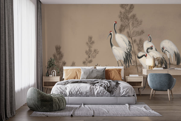 Wallpaper Mural, Chinoiserie Wallpaper, Heron Birds Wall Mural