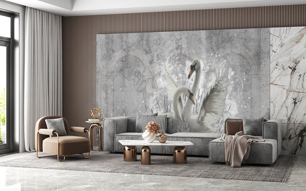 Wallpaper Mural, White Swan Birds Wall Mural, Abstract Background Wallpaper