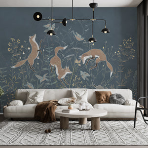Foxes and Wildflowers on Blue Background Wall Mural