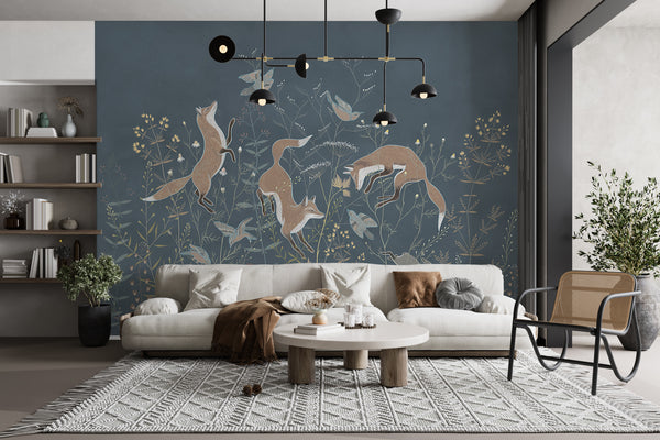 Foxes and Wildflowers on Blue Background Wall Mural