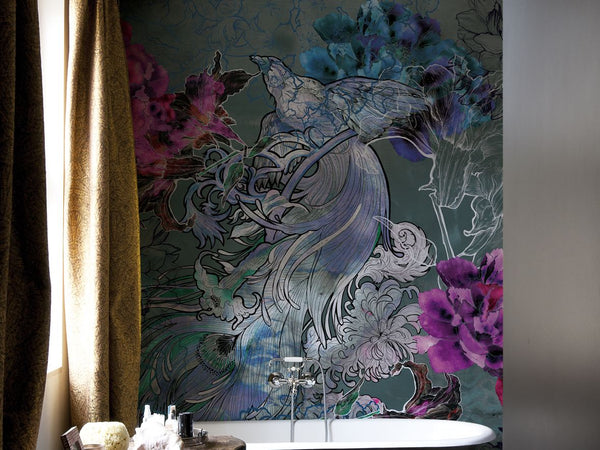 Abstract Peacock Bird and Pink Peony Flowers Wallpaper Mural, Non Woven, Blue Floral Bird Wall Mural