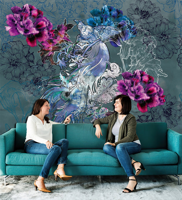 Abstract Peacock Bird and Pink Peony Flowers Wallpaper Mural, Non Woven, Blue Floral Bird Wall Mural