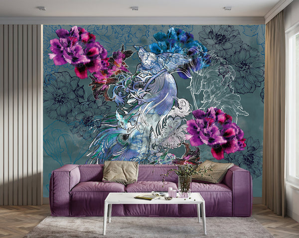 Blue Floral Bird and Pink Peony Flowers Mural