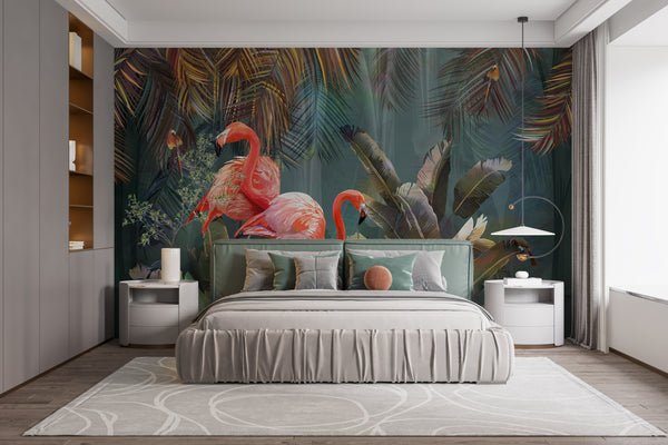 Pink Flamingo Wallpaper Mural, Non Woven Green Tropical Leaves Wallpaper, Jungle and Tropical Forest Flamingo and Tropical Birds Wallpaper