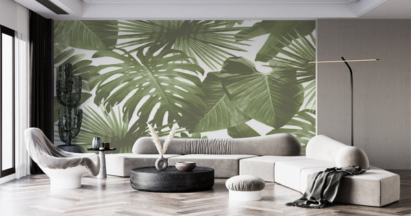 Large Tropical Leaves Wallpaper, Palms or Monstera Leaf Removable Non Woven Wall Mural, Watercolor Green Botanical Wallpapers