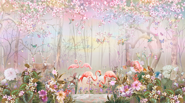 Fairy Garden Wallpaper Mural, Non Woven Flower Wallpaper, Floral Beautiful Pink Plant Wall Mural Flamingo