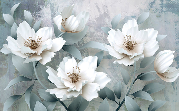 White Large Flowers Wallpaper Mural, Non Woven Floral Art Mural, Elegant Wallpaper