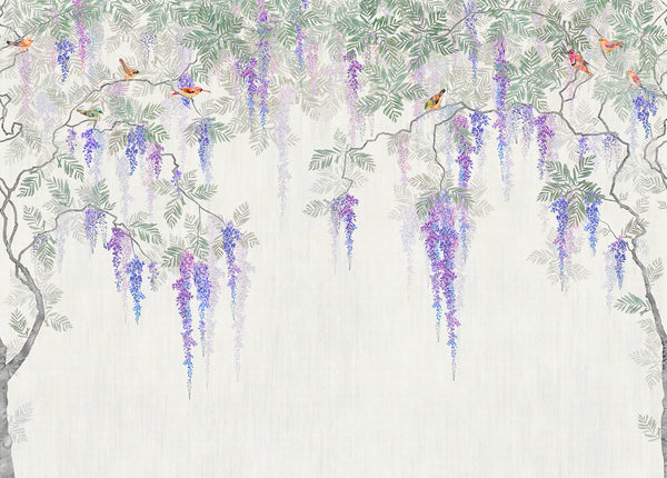 Puple Blossom Tree Wallpaper Mural, Wisteria Floral Branches Non Woven Mural, Colibri Birds Wall Mural