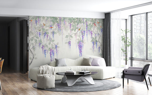 Puple Blossom Tree Wallpaper Mural, Wisteria Floral Branches Non Woven Mural, Colibri Birds Wall Mural