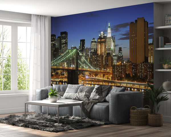 Wall Mural Brooklyn Bridge in Night Lights, Bridge Wallpaper, Non Woven, Night Lights and City Wallpaper, The Brooklyn Bridge Wall Mural